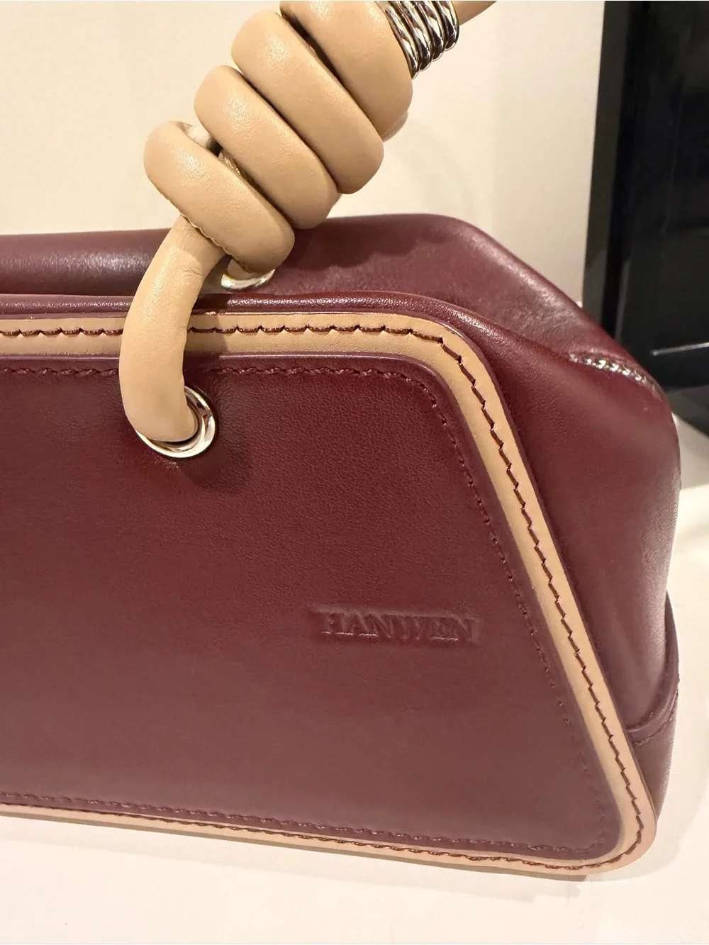 Han Wen Shoulder Bag in Burgundy with Tan spiral handles